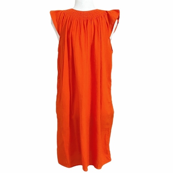 J CREW CORAL RUFFLE EMBROIDERED SMOCKED KEYHOLE TIE-NECK TASSEL SHIFT  DRESS - S - Picture 3 of 7